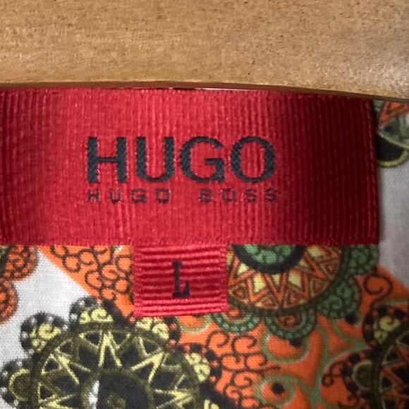 NWOT HUGO BOSS Shirt Men L Floral Geo-Print Green Coral White Button-Up Long Slv - Picture 3 of 8